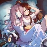  bed book breasts brown_hair candle chemise closed_mouth cup drinking_glass drinking_straw eyeshadow food hair_ornament hair_over_one_eye hairclip indoors kagari_atsuko leila_(yurisouls) little_witch_academia long_hair lying makeup multiple_girls pale_skin pillow popcorn purple_hair red_eyes shirt short_ponytail small_breasts smile sucy_manbavaran yuri 