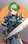  ahoge alm_(fire_emblem) armor copyright_name fire_emblem fire_emblem_echoes:_mou_hitori_no_eiyuuou gloves green_eyes green_hair kouda_hayato_(e-gis) male_focus solo sword tiara upper_body weapon 