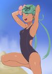  1girl absurdres armpits arms_up breasts green_eyes green_hair highres long_hair mao_(pokemon) one-piece_swimsuit open_mouth pokemon pokemon_(game) pokemon_sm sideboob small_breasts smile solo swimsuit thighs toranoe trial_captain twintails 
