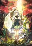  alternate_eye_color arm_at_side bangs bare_legs black_bow black_hairband black_neckwear bow bowtie breasts dress dress_shirt floating flower frilled_skirt frills full_body ghost grass green_skirt green_vest hair_bow hairband hand_up hitodama konpaku_youmu konpaku_youmu_(ghost) lantern medium_breasts miniskirt outdoors petals plant puffy_short_sleeves puffy_sleeves red_eyes shirt short_hair short_sleeves silver_hair skirt smile socks solo stairs standing stone_stairs touhou tree vest vima white_legwear white_shirt 