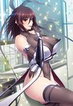  1girl aoi_nagisa_(artist) bare_shoulders breasts brown_hair covered_navel erect_nipples hair_ribbon huge_breasts lilith-soft looking_at_viewer maroon_hair mizuki_shiranui parted_lips red_eyes solo standing taimanin_asagi taimanin_asagi_battle_arena thighhighs 