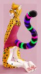  anthro big_tail blonde_hair clothing feline fluffy fluffy_tail fur girly grey_eyes hair hybrid looking_aside looking_back male mammal marjani multicolored_fur ocelot pink_nose smile solo spots stripes suggestive teasing uri whiskers white_fur wolfcat yellow_fur 