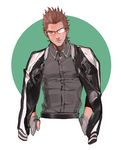  1boy brown_hair dress_shirt final_fantasy final_fantasy_xv glasses gloves green_background hands_in_pockets ignis_scientia jacket male_focus shirt solo 