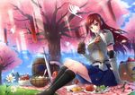  armor black_footwear boots cake catbell413 cherry_blossoms cup erza_scarlet fairy_tail food knee_boots long_hair mug picnic red_hair skirt smile solo sword tree weapon 