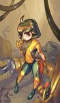  arms_(game) bodysuit breasts brown_hair cutesexyrobutts full_body gloves highres looking_at_viewer mechanica_(arms) purple_eyes short_hair small_breasts solo 