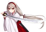  absurdres allenes grey_hair highres holding holding_sword holding_weapon japanese_clothes katana long_hair looking_at_viewer miko original red_eyes simple_background solo sword weapon white_background 