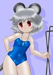 animal_ears blue_swimsuit competition_school_swimsuit dowsing_rod grey_hair hand_on_hip jewelry mouse_ears mouse_tail nazrin one-piece_swimsuit pendant red_eyes school_swimsuit solo swimsuit tail touhou winn 