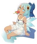  blue_bow blue_eyes blue_hair bow cirno dress flower food hair_bow hair_flower hair_ornament hidden_star_in_four_seasons looking_at_viewer minamura_haruki one-piece_tan popsicle see-through sitting soaking_feet solo strap_slip sunflower tan tanline tanned_cirno touhou watermelon_bar 