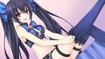  black_hair blue_legwear blue_ribbon blush breasts chou_megami_shinkou_noire_gekishin_black_heart crop_top dutch_angle game_cg groin hair_ribbon highres indoors long_hair looking_at_viewer manamitsu medium_breasts midriff miniskirt navel neptune_(series) noire official_art open_mouth red_eyes ribbon sitting skirt sleeveless solo stomach thigh_strap thighhighs twintails very_long_hair 