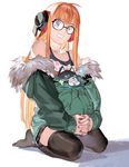  animal animal_in_clothes bare_shoulders blue_eyes brown_eyes cat full_body fur_trim glasses headphones holy_pumpkin interlocked_fingers jacket long_hair looking_at_viewer morgana_(persona_5) off_shoulder orange_hair own_hands_together persona persona_5 sakura_futaba seiza shirt shorts sitting smile solo 