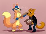  3_toes 4_fingers anthro black_nose canine clothed clothing crossover digitigrade dora_the_explorer duo fox gregg_(nitw) male mammal night_in_the_woods nude orlandofox pink_background simple_background swiper toes 