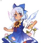  :d blue_bow blue_eyes blue_hair bow cirno clenched_hands commentary dress flexing flower grin hair_bow hidden_star_in_four_seasons highres ice ice_wings open_mouth plant pose shan short_hair short_sleeves smile solo tan tanned_cirno teeth touhou v-shaped_eyebrows vines wings 