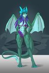  anthro breasts dickgirl dragon erection front_view horn intersex lunate membranous_wings non-mammal_breasts nude penis pose scalie simple_background solo standing wings 