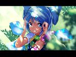  :d asuzemu blue_bow blue_eyes blue_hair bow cirno dappled_sunlight flower hair_bow hidden_star_in_four_seasons ice ice_wings letterboxed looking_at_viewer open_mouth puffy_short_sleeves puffy_sleeves short_hair short_sleeves smile solo sunflower sunlight tanned_cirno touhou upper_body wings 