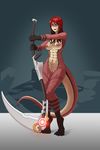  anthro armpits breasts female hair lizard lunate melee_weapon nude polearm red_hair reptile scalie scythe solo weapon 