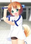  :d animal_ears baseball_bat baseball_uniform brown_hair dog_ears dog_tail fang green_eyes inuarashi looking_at_viewer meiko_(inuarashi) open_mouth original short_hair smile solo sportswear tail 