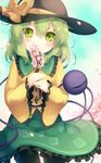  bangs black_hat blouse blue_sky bow cherry_blossoms day floral_print frilled_blouse frilled_shirt_collar frilled_skirt frilled_sleeves frills gengetsu_chihiro green_eyes green_hair green_skirt hair_between_eyes hat hat_bow hat_ribbon holding_branch komeiji_koishi looking_at_viewer pantyhose petals ribbon rose_print skirt sky solo stenciled_rose third_eye touhou wide_sleeves yellow_blouse yellow_bow yellow_ribbon 
