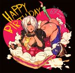  ahoge angel_(kof) arched_back ass between_breasts black_background blue_eyes boots bottle breasts cake candle chaps character_name cheesecake cleavage commentary_request cropped_jacket dated fingerless_gloves food gloves hair_over_one_eye happy_birthday heart jacket large_breasts looking_at_viewer lying on_stomach oro_(sumakaita) panties short_hair snk solo sweat the_king_of_fighters thighhighs thong underwear white_hair 