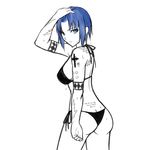  ass axia-chan back_tattoo bikini blue_eyes blue_hair breasts butt_crack ciel cowboy_shot from_behind hand_in_hair looking_back medium_breasts short_hair side-tie_bikini sideboob solo spot_color swimsuit tattoo tsukihime wet 