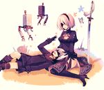  1girl black_dress blindfold boots breasts choker couple dress feather-trimmed_sleeves gloves hairband kirero long_sleeves medium_breasts mole mole_under_mouth nier_(series) nier_automata open_mouth pod_(nier_automata) puffy_sleeves robot short_hair smile thighhighs white_hair yorha_no._2_type_b yorha_no._9_type_s 