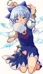  arm_behind_head barefoot blue_dress blue_eyes blue_hair cirno dress fan flower full_body hidden_star_in_four_seasons ice ice_wings kneeling looking_at_viewer melting plant puffy_short_sleeves puffy_sleeves red_ribbon ribbon short_hair short_sleeves solo sunflower sweat tan tanline tanned_cirno touhou uneven_eyes uranaishi_(miraura) vines wings 