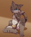  5_fingers anthro blue_eyes cat catmuti clothing cub feline fundoshi fur grey_fur japanese_clothing male mammal nipple_piercing nipples piercing pink_nose simple_background sitting solo tongue tongue_out underwear young 