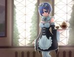  blue_eyes blue_hair blush breasts clenched_hand closed_mouth cup detached_sleeves dress floral_print flower highres indoors long_sleeves looking_at_viewer maaya99 maid maid_headdress medium_breasts painting_(object) pantyhose re:zero_kara_hajimeru_isekai_seikatsu red_flower red_rose rem_(re:zero) rose smile solo standing teacup teapot tray white_legwear window 