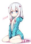  between_legs blue_eyes blush bow breasts commentary_request darnell eromanga_sensei hair_bow hair_ribbon highres hood hood_down hoodie izumi_sagiri jacket long_hair looking_at_viewer ribbon silver_hair simple_background sitting small_breasts solo unzipped v_arms wariza white_background 