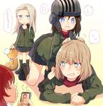  all_fours bandages bangs beamed_eighth_notes black_footwear black_hair black_legwear black_skirt blonde_hair blue_eyes boko_(girls_und_panzer) carrying cellphone clara_(girls_und_panzer) cyrillic fang girls_und_panzer green_jacket grimace half_note helmet holding holding_cellphone holding_phone holding_stuffed_animal jacket katyusha loafers long_hair long_sleeves looking_at_another looking_back mikan-uji miniskirt multiple_girls musical_note nonna open_mouth phone piggyback pleated_skirt pravda_school_uniform ranguage red_shirt riding role_reversal russian school_uniform shirt shoes short_hair sitting skirt smartphone smile socks spoken_musical_note spoken_sweatdrop standing stuffed_animal stuffed_toy sweatdrop swept_bangs teddy_bear thumb_sucking translated trembling turtleneck younger 