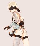  android ass bandages blindfold cosplay flat_ass gloves highres kaine_(nier) kaine_(nier)_(cosplay) lace lace-trimmed_panties looking_back male_focus nemusuke nier_(series) nier_automata otoko_no_ko panties short_hair solo underwear white_hair yorha_no._9_type_s 