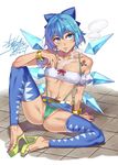  bandeau bikini bikini_skirt blue_bow blue_eyes blue_hair blue_legwear bow bracelet breasts cigarette cirno collarbone commentary_request duplicate fairy_wings full_body ganguro green_bikini_bottom hair_bow hidden_star_in_four_seasons high_heels ice ice_wings jewelry looking_at_viewer medium_breasts microskirt mismatched_bikini mizuryuu_kei nail_polish navel_piercing piercing reclining short_hair sitting skirt slingshot_swimsuit smoke smoking solo spread_legs strapless swimsuit tan tanned_cirno tattoo thighhighs toeless_legwear toenail_polish touhou underboob white_bikini_top wings 