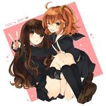  ahoge black_legwear brown_eyes brown_hair fate/extra fate/extra_ccc fate/grand_order fate_(series) fujimaru_ritsuka_(female) hair_ornament hair_scrunchie kishinami_hakuno_(female) kneehighs long_hair momiji_(00mmj00) multiple_girls orange_eyes orange_hair orange_scrunchie school_uniform scrunchie serafuku shoes short_hair side_ponytail tsukumihara_academy_uniform_(fate/extra_ccc) v 