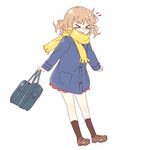  &gt;_&lt; :3 bag blonde_hair blue_jacket blush brown_footwear brown_legwear buttons clenched_hands closed_eyes coat cold dot_nose dress eyebrows_visible_through_hair full_body hair_ornament hairclip handbag holding holding_bag jacket kneehighs loafers medium_hair namori nanamori_school_uniform nose_blush oomuro_sakurako open_mouth pleated_dress pocket scarf school_bag school_uniform serafuku shoes simple_background sneezing solo standing wavy_hair white_background x3 yellow_scarf yuru_yuri 