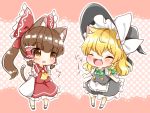  2girls :o animal_ears apron ascot blonde_hair blouse blush bow braid brown_hair buttons cat_ears cat_tail chibi detached_sleeves fang frilled_shirt_collar frilled_skirt frills hair_bow hair_ribbon hair_tubes hakurei_reimu hat hat_bow hat_ribbon kemonomimi_mode kirisame_marisa large_bow medium_hair multiple_girls natsune_ilasuto polka_dot polka_dot_background ponytail puffy_short_sleeves puffy_sleeves ribbon ribbon-trimmed_sleeves ribbon_trim shoes short_hair short_sleeves side_braid single_braid skirt skirt_set socks tail touhou v-shaped_eyebrows vest waist_apron wide_sleeves witch_hat yellow_neckwear 