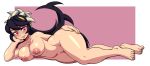  1girl breasts curvy dynamo_heart filia_(skullgirls) hand_on_thigh legs looking_at_viewer lying nude on_side red_eyes skullgirls smile solo thick_thighs thighs 