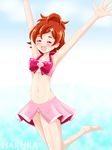  1girl adapted_costume armpits arms_up barefoot bikini blush brown_hair eyebrows eyes_closed feet go!_princess_precure hair_ornament hairclip haruno_haruka highres jumping open_mouth precure short_hair smile solo swimsuit thick_eyebrows 