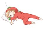  barefoot blonde_hair blush_stickers chibi closed_eyes drooling full_body long_hair long_sleeves lying messy_hair namori nose_bubble on_stomach open_mouth pajamas pillow simple_background smile solo tomato_costume toshinou_kyouko white_background yuru_yuri 