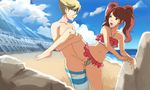  1boy 1girl beach blonde_hair brown_hair eye_contact hetero kujikawa_rise kuma_(persona_4) one_leg_raised open_mouth penis persona_4 sex swim_trunks swimsuit swimsuit_aside twintails uncensored vaginal wet 