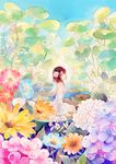  blue_sky breasts day detached_sleeves dress flower hair_flower hair_ornament leaf lily_pad medium_hair muta nature plant red_eyes red_hair rei_(456789io) scenery sitting sky solo traditional_media water water_drop watercolor_(medium) white_dress wings yan_xi 