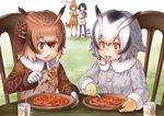  4girls ^_^ animal_ears arm_behind_back black_hair black_legwear blonde_hair blue_hair blush blush_stickers brown_eyes brown_hair chair closed_eyes cup eating elbow_gloves eurasian_eagle_owl_(kemono_friends) eyebrows_visible_through_hair finger_to_mouth food food_on_clothes food_on_face fork gloves grass grey_hair hat hat_feather head_wings helmet high-waist_skirt holding holding_fork japari_symbol kaban_(kemono_friends) kemono_friends kosai_takayuki lucky_beast_(kemono_friends) multiple_girls northern_white-faced_owl_(kemono_friends) nose_blush open_mouth pantyhose parted_lips pasta pith_helmet plate serval_(kemono_friends) serval_ears serval_print serval_tail shirt short_hair sitting skirt sleeveless sleeveless_shirt smile spaghetti standing sweatdrop table tail white_background white_gloves white_hair white_shirt yellow_gloves |_| 