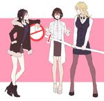  anger_vein black_hair blonde_hair bow bowtie breasts brown_hair closed_eyes durarara!! fur_trim genderswap genderswap_(mtf) glasses heiwajima_shizuo high_heels hukahire0313 kishitani_shinra large_breasts long_hair looking_at_another medium_breasts multiple_girls orihara_izaya pantyhose red_eyes short_hair sign simple_background skirt stop_sign waistcoat white_coat 