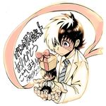 black_hair black_jack_(character) black_jack_(series) character_doll chibi closed_labcoat doctor gift highres in_palm labcoat looking_at_another male_focus multicolored_hair necktie official_art okuma_yuugo ribbon scar solo striped striped_neckwear two-tone_hair white_hair young_black_jack ||_|| 