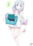  absurdres adrenaline!!! barefoot blue_eyes bow clothes_writing eighth_note eromanga_sensei highres holding izumi_sagiri laundry laundry_basket legs long_hair md5_mismatch musical_note no_pants off_shoulder panties ribbon shirt side-tie_panties silver_hair smile solo speech_bubble spoken_musical_note standing standing_on_one_leg t-shirt underwear untied white_shirt wumingyellow 