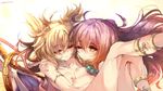  ;) anklet armlet asymmetrical_docking bangs blizzomos blonde_hair breast_press breasts brown_hair carrying closed_eyes closed_mouth collarbone commentary floating_hair gradient_hair highres hijiri_byakuren jewelry large_breasts long_hair looking_at_another multicolored_hair multiple_girls nipples nude one_eye_closed pointy_hair princess_carry purple_hair small_breasts smile touhou toyosatomimi_no_miko yuri 