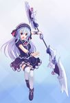  bonnet bow earrings fairy_fencer_f frills hairband jewelry lolita_hairband long_hair looking_at_viewer open_mouth polearm red_eyes ribbon skirt spear suta_(clusta) tiara_(fairy_fencer_f) weapon white_hair 