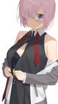  armor armored_dress black_dress dress fate/grand_order fate_(series) glasses hair_over_one_eye hayashi_kewi labcoat looking_at_viewer mash_kyrielight parted_lips purple_eyes purple_hair short_hair sleeveless sleeveless_dress solo sweat unbuttoning undressing upper_body 