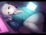  blue_eyes blurry blush bow computer depth_of_field eromanga_sensei hair_bow headphones highres hoshikuzu_witch_meruru izumi_sagiri jacket long_hair looking_at_viewer lying meruru_(oreimo) on_side open_mouth rerrere silver_hair solo stylus tablet 