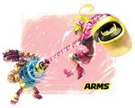  arms_(game) battle bike_shorts boxing_gloves brown_hair clenched_teeth commentary_request copyright_name domino_mask duel goggles highres mask mechanica_(arms) multiple_girls nintendo official_art punching revolver_(arms) ribbon_girl_(arms) ribbon_hair shield shorts shorts_under_skirt skirt sparky_(arms) teeth 