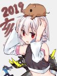  2019 2girls adyisu altair_floone animal animal_on_head arms_up bangs bare_shoulders black_shirt blue_hoodie blue_pants blush boar commentary_request detached_sleeves eyebrows_visible_through_hair fleeing glowing glowing_eyes grey_background grey_hair hair_between_eyes hood hood_down hoodie long_sleeves looking_at_viewer multiple_girls on_head open_mouth original pants red_eyes shirt sleeveless sleeveless_shirt solo_focus twitter_username white_sleeves 