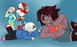  5_fingers alien animated_skeleton blue_background bone breasts brown_eyes brown_hair cartoon_network clothed clothing duo_focus eyes_closed facepalm female freckles fusion gem group hair humanoid jolliapplegirl lying male multi_arm multi_limb not_furry on_front on_side one_eye_closed open_mouth papyrus_(undertale) pearl_(steven_universe) sans_(undertale) simple_background skeleton smile star steven_universe tan_hair teeth undead undertale video_games wink 